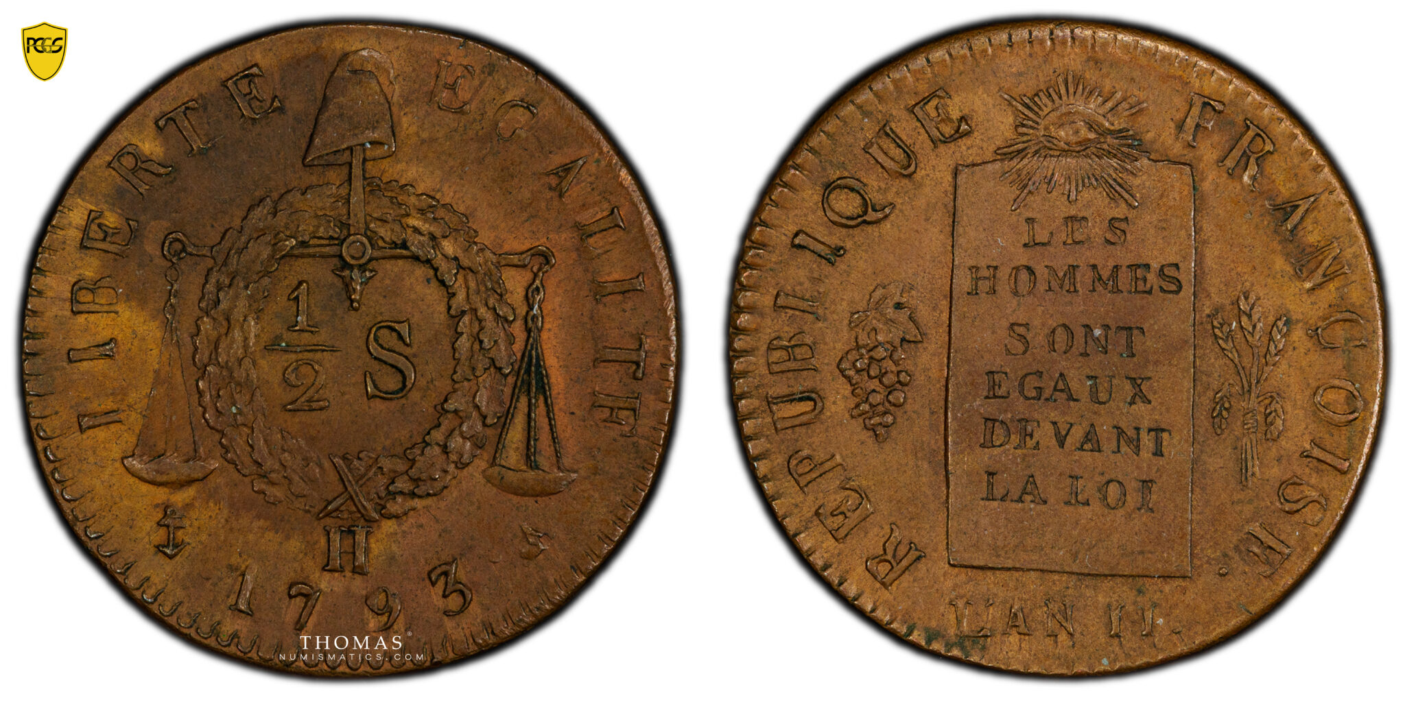 Convention 1/2 Sol à la balance - 1793 H La Rochelle - PCGS MS 63 BN