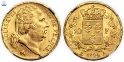 World Coins - Louis XVIII Gold - 20 Francs Or - 1824 A Paris - light error signature - NGC MS 63