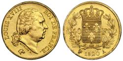 World Coins - Louis XVIII Gold - 40 Francs or - 1820 Date 2/1 - A Paris - 5474 examples