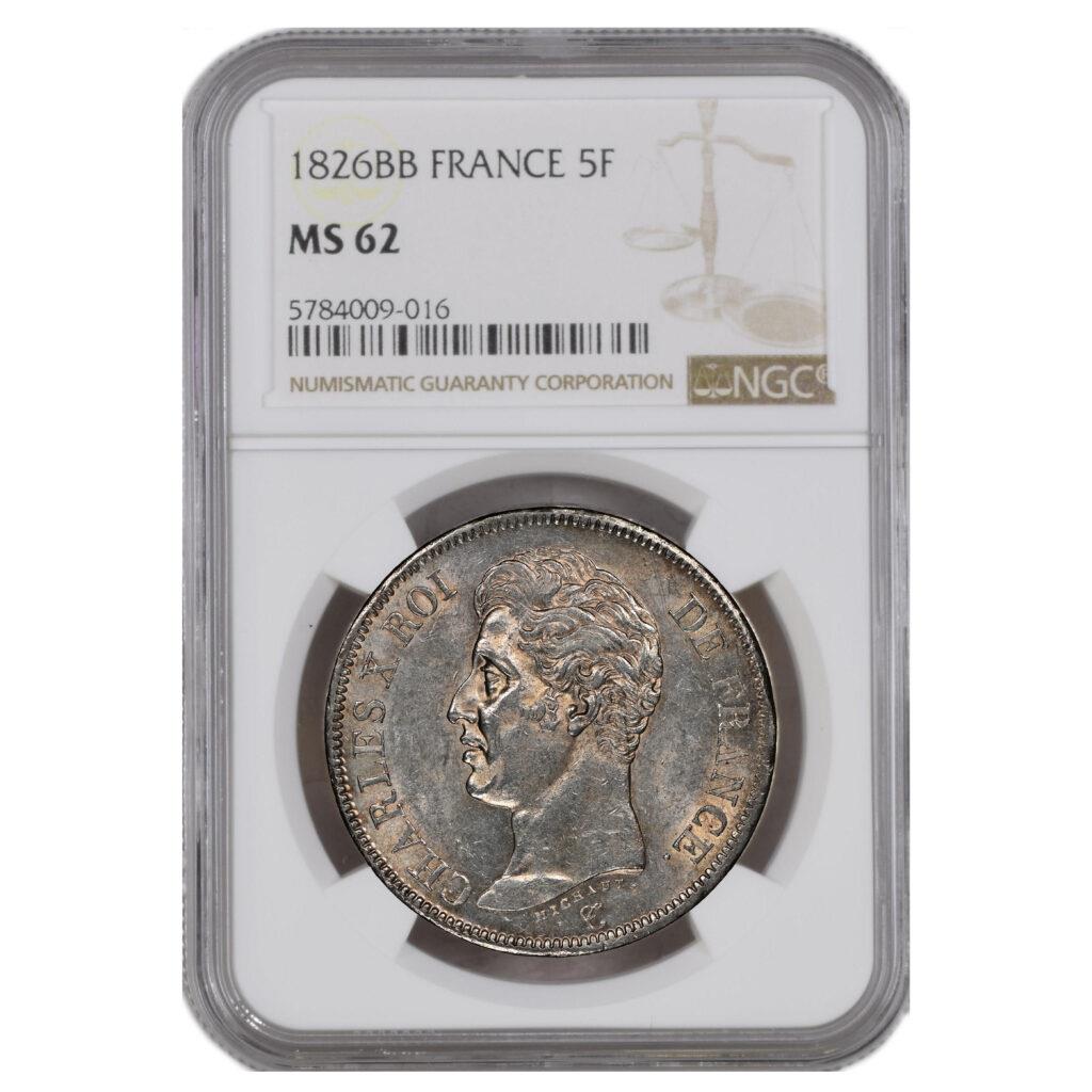 Charles X 5 francs - 1st type - 1826 BB Strasbourg - NGC MS 62