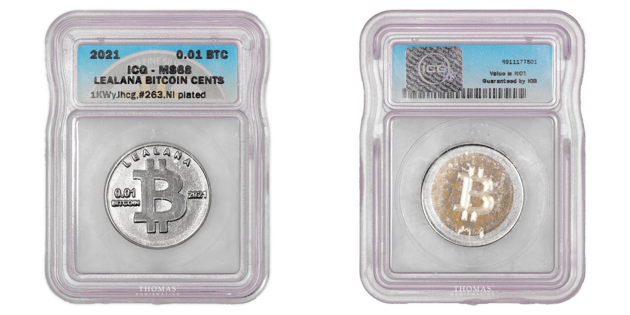 Bitcoin Cryptocurrency coin - 2021 lealana 0.01 BTC - unfunded - nickel  plated - ICG MS 68