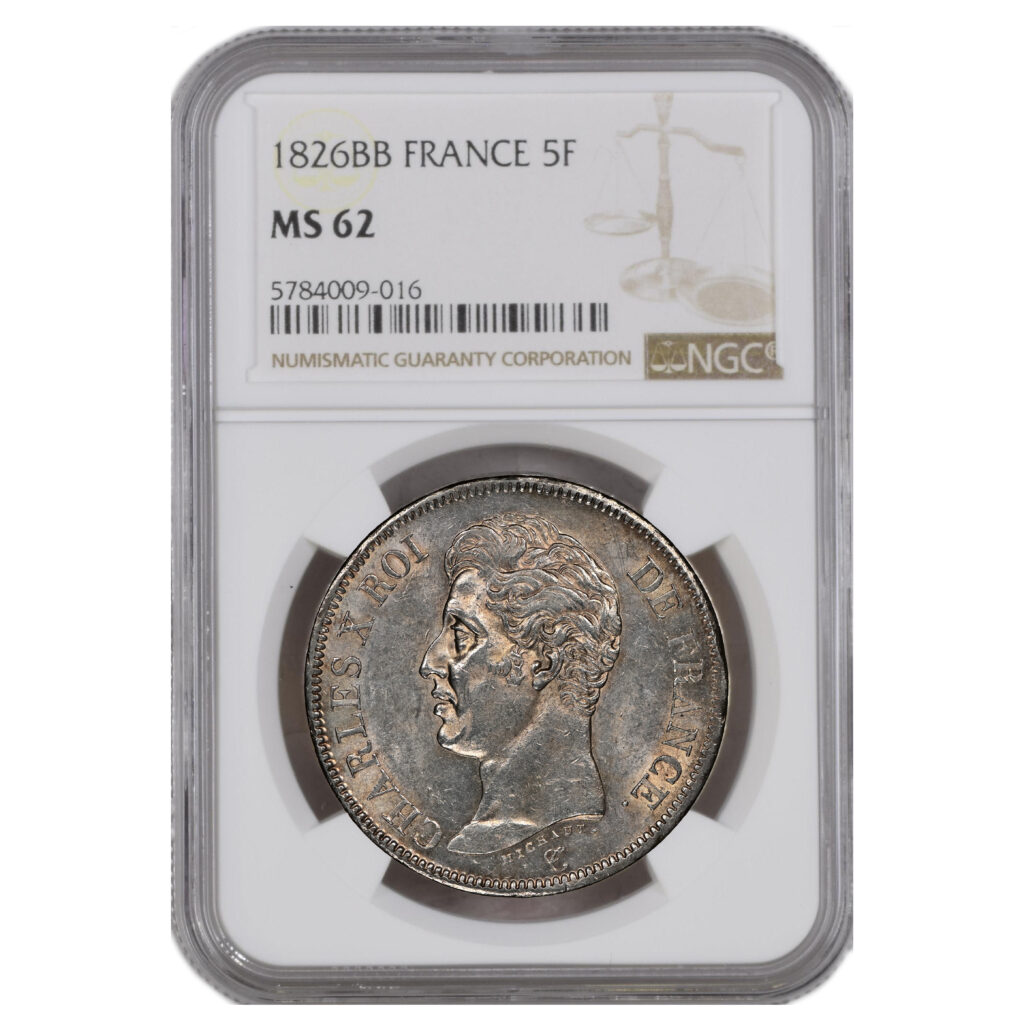 Charles X 5 francs - 1st type - 1826 BB Strasbourg - NGC MS 62
