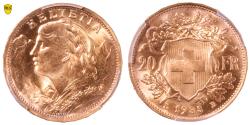 World Coins - Switzerland Gold - 20 Francs or Vreneli - 1935 LB Berne - PCGS MS 66