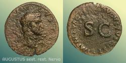 Ancient Coins - DEIFIED AUGUSTUS - the only PORTRAIT-SESTERTIUS of the first emperor - from the Roman mint - (died AD14) - issued by Nerva 96 AD - aVF but rough surfaces - NO PROTOTYPE - RARE