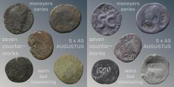 Ancient Coins - LOT 6 COINS COUNTERMARKED - WORN but INTERESTING: 5 x AUGUSTUS moneyers series - countermarked during Claudius - and 1 x GREEC AKRAGAS - AE 29 countermarked HERACLES/CRAB