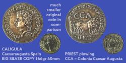 Ancient Coins - CALIGULA (37-41 AD) GIANT MODERN SILVER COPY - SPANISH - 60 mm - 166 gram - PRIEST PLOWING - Caesaraugusta (Zaragoza) - extremely rare