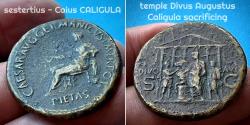 Ancient Coins - CALIGULA (37-41AD) SESTERTIUS - sitting PIETAS - Caligula sacrificing before DIVUS-AUGUSTUS-temple - “missing-C“ for CAUIS, damnatio? - second known?
