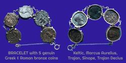 Ancient Coins - BRACELET (modern) - with 5 ANCIENT BRONZE COINS, Greek and Roman Provincal - 23-26 mm - grade gF - aVF