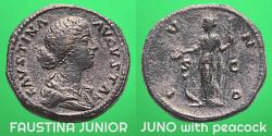 Ancient Coins - FAUSTINA JUNIOR (161-175 AD) - nice portrait-SESTERTIUS - ANNIA GALERIA FAUSTINA - married to Marcus Aurelius in 145 AD - Reverse JUNO, queen of the Gods - Good VF