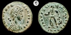 Ancient Coins - Theodosius I. 379-395 AD. AE nummus. Heraclea mint, 388-392 AD. Dark earthen-brown/green patina. EF.