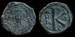 Ancient Coins - Maurice Tiberius. AE. half follis, Antioch as Theoupolis Antakya, Turkey mint, 592 - 593 AD. Nice green patina. Very Fine.