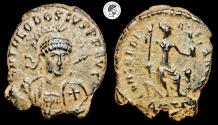 Ancient Coins - Theodosius II. AE Follis. 402-450 AD. Antioch mint. Nice details, deposits. Very Fine.