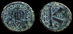 Ancient Coins - Maurice Tiberius 582-602 AD. Theoupolis (Antioch) mint. Half Follis or 20 Nummi Æ. Very Fine. Beautiful Green Patina.
