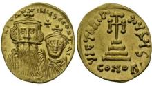 Ancient Coins - CONSTANS II with CONSTANTINE IV (641-668 AD.) AV Solidus. Constantinople mint. Extremely Fine.