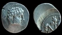 Ancient Coins - Cn. Domitius Calvinus AR Denarius. 39 BC. %50 off-centre strike. EF. Rare! Comes with a certificate of authenticity from David R Sear.