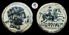 Ancient Coins - Spain, Ekualakos AE Unit. 150-101 BC. Well Conservation with a beautiful earthen white Patina aEF.