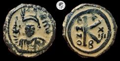 Ancient Coins - Maurice Tiberius. 582-602 AD. AE Half Follis. Constantinople mint. VF.