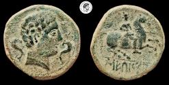 Ancient Coins - SPAIN, Sekaisa. Circa 100-50 BC. AE Unit - As. aEF, attractive green patina with earthen deposits.
