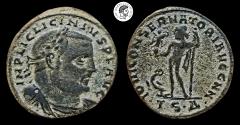 Ancient Coins - Licinius I. AE Follis. Thessalonica mint. 308-324 AD. Nice green patina with deposits. Very Fine.