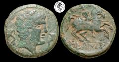 Ancient Coins - Iberia, Sekaisa. Ca. 100 B.C. AE 22. VF, green and earthen patina with some flaking.