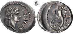 Ancient Coins - Juba II. AR Denarius. 25 BC-AD 24. Caesarea mint. Deep iridescent tone, flan crack, off center. Very Fine.