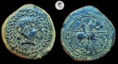 Ancient Coins - Celt-Iberian, Obulco. Semis. 220-20 BC. Æ. Earthen dark green-brown patina. EF. Scarce.