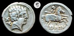 Ancient Coins - Spain, Bolskan AR Denarius. Circa 150-100 BC. VF.