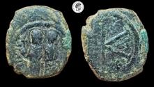 Ancient Coins - Justin II and Sophia 565-578 AD. AE Half Follis. Thessalonica Mint. aVF.
