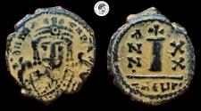 Ancient Coins - Maurice Tiberius. (582-602 AD.) AE decanummium. Year 20, Antioch mint. VF.