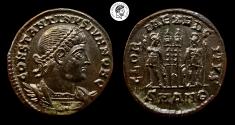 Ancient Coins - Constantine II as Caesar. AE Follis. Antioch mint. 317-337 AD. Nice glossy brown patina, some deposits. EF.