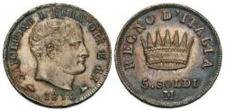 World Coins - Italian States, Kingdom of Napoleon. Napoleon Bonaparte. 1813-M. AR 5 soldi.