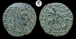 Ancient Coins - Magnentius. AE Centenionalis. Aquileia mint. 350-353 AD. Beautiful green patina. Weak strike. Very Fine.