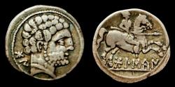 Ancient Coins - Bolskan AR Denarius. 180-20 BC. Huesca mint. Choice Very Fine. Nice Tone.