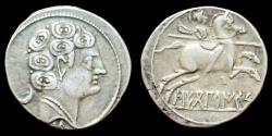 Ancient Coins - Spain, Sekobirikes AR Denarius. Circa 130-75 BC. Attractively toned. aEF.