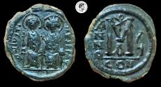 Ancient Coins - Justin II, with Sophia. 565-578. Æ Follis – 40 Nummi. Near EF, dark green patina.