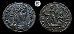 Ancient Coins - Constans. Reduced Centenionalis. Thessalonica mint.  337-350 AD. Nice dark green patina. Very Fine.