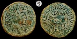 Ancient Coins - Clunia. Time of Tiberius. AE Unit. 37-41 AD. Coruña del Conde (Burgos). Boar's head countermark on rev. Choice VF.