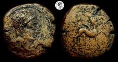 Ancient Coins - SPAIN, Castulo. Circa late 2nd Century BC. Æ. Struck over a Obulco coin. Rare! VF. Beautiful details.