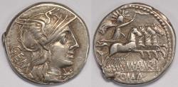 Ancient Coins - Roman Republic M. Aburius M.f. Geminus AR Denarius (Rome, 132 BC)