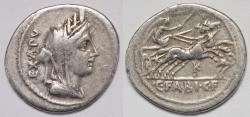 Ancient Coins - Roman Republic C. Fabius C.f. Hadrianus AR Denarius (Rome, 102 BC)
