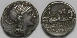 Ancient Coins - Roman Republic Appius Claudius Pulcher, T. Manlius Mancius and Q. Urbinius AR Denarius (Rome, 111-110 BC)