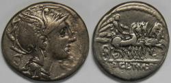 Ancient Coins - Roman Republic Appius Claudius Pulcher, T. Manlius Mancius and Q. Urbinius AR Denarius (Rome, 111-110 BC)