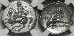 Ancient Coins - Calabria Tarentum AR Nomos circa 280 BC [NGC Ch AU]