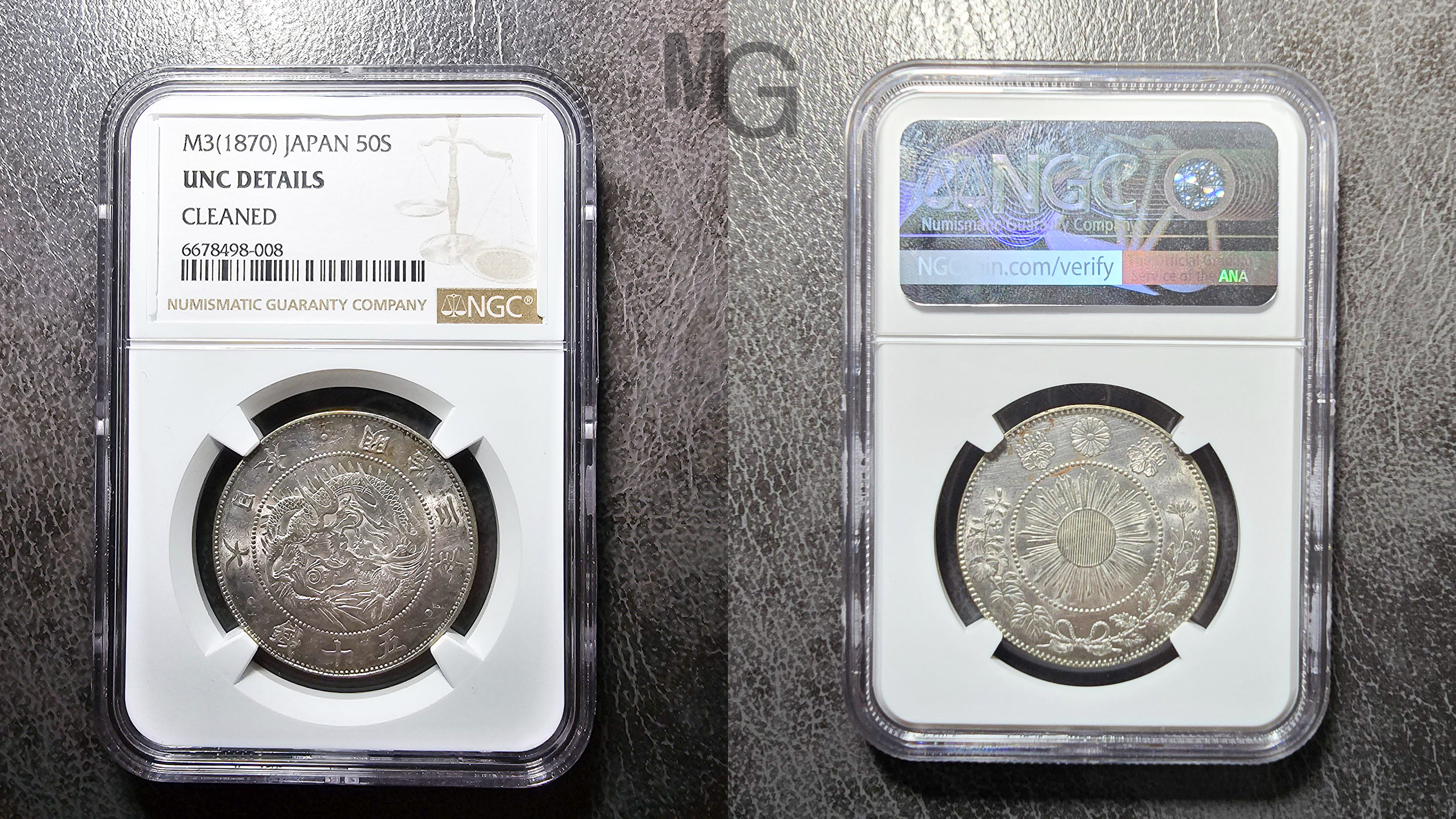 JAPAN: 50 SEN, Meiji year 3 (1870), NGC UNC DETAILS, CLEANED.