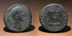 Ancient Coins - Roman Empire. Antoninus Pius (138-161 A.D.) AE Sestertius. Temple of Divus Augustus. Rome mint, (ca. 158 A.D.).