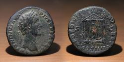 Ancient Coins - Roman Empire. Antoninus Pius (138-161 A.D.) AE Sestertius. Temple of Divus Augustus. Rome mint, (ca. 158 A.D.).