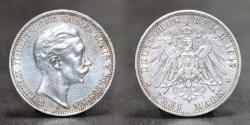 World Coins - Germany Kingdom of Prussia Second Empire 1912 A 3 Mark, Wilhelm II AR Silver (.900) Berlin Mint.
