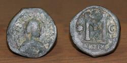 Ancient Coins - Justin I (522-527 AD) AE Byzantine Follis Large M, Crescent Antix, Antioch Mint