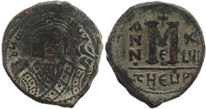 Ancient Coins - Byzantine coin of Maurice Tiberius AE Follis - Antioch - Year 17