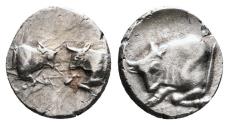 Ancient Coins - Ancient Greek silver coin from Caria with Two Bulls circa 450-400 BC